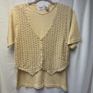 Cervelle Vintage 100% Silk 2 Piece Set Crochet Vest and Knit Top Yellow Medium